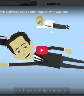 Introduction to Advice, Guidance & Learner Support Cartoon-style thumbnail from a Glasgow Kelvin College video titled “Introduction to Advice, Guidance and Learner Support,” showing animated staff flying superhero-style through the sky
